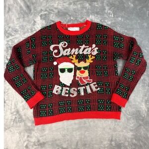 Derek Heart XL Ugly‎ Christmas Sweater Santas Bestie Sequin Reindeer Red Green